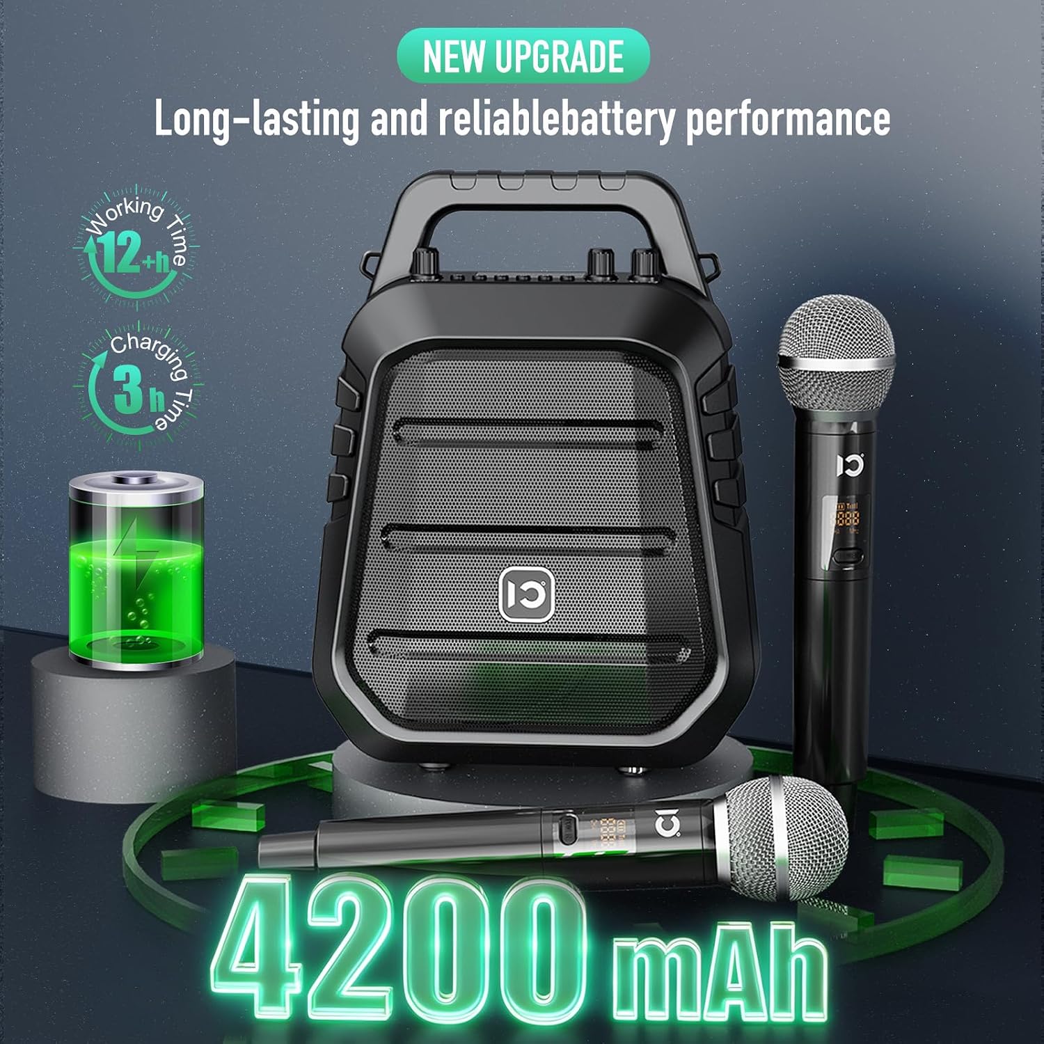 Detalle 1 de SHIDU PRO 100W Voice Amplifier with Two Wireless Microphones, Bluetooth & Guitar Input