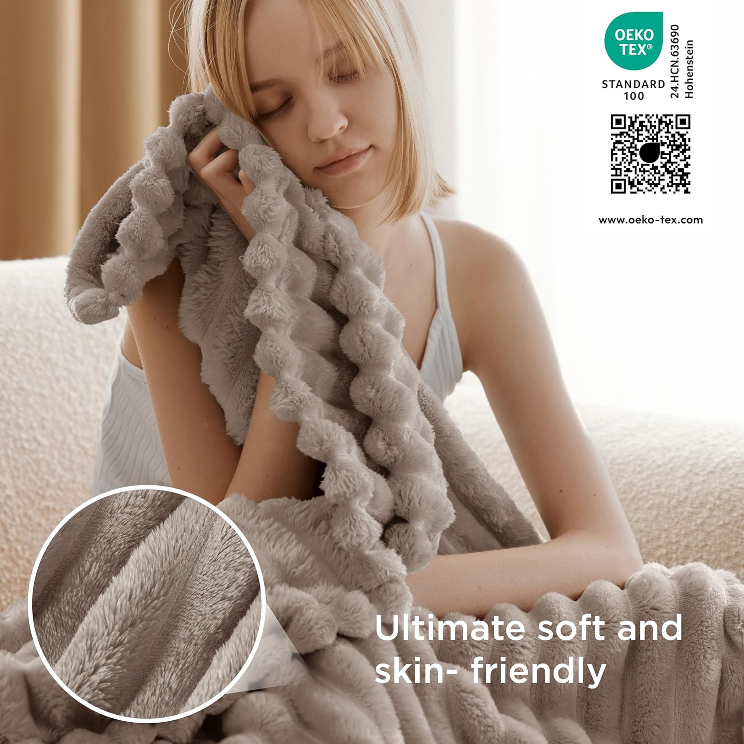 Detalle de Bedsure Fleece Throw Blanket for Sofa (Mocha Meringue) 130x170 cm
