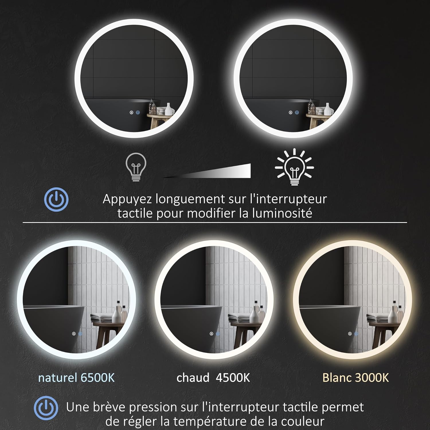 Thumbnail 3 de Kleankin Miroir Rond LED Ø70 cm pour Salle de Bain – anti-buée, éclairage réglable et mémoire