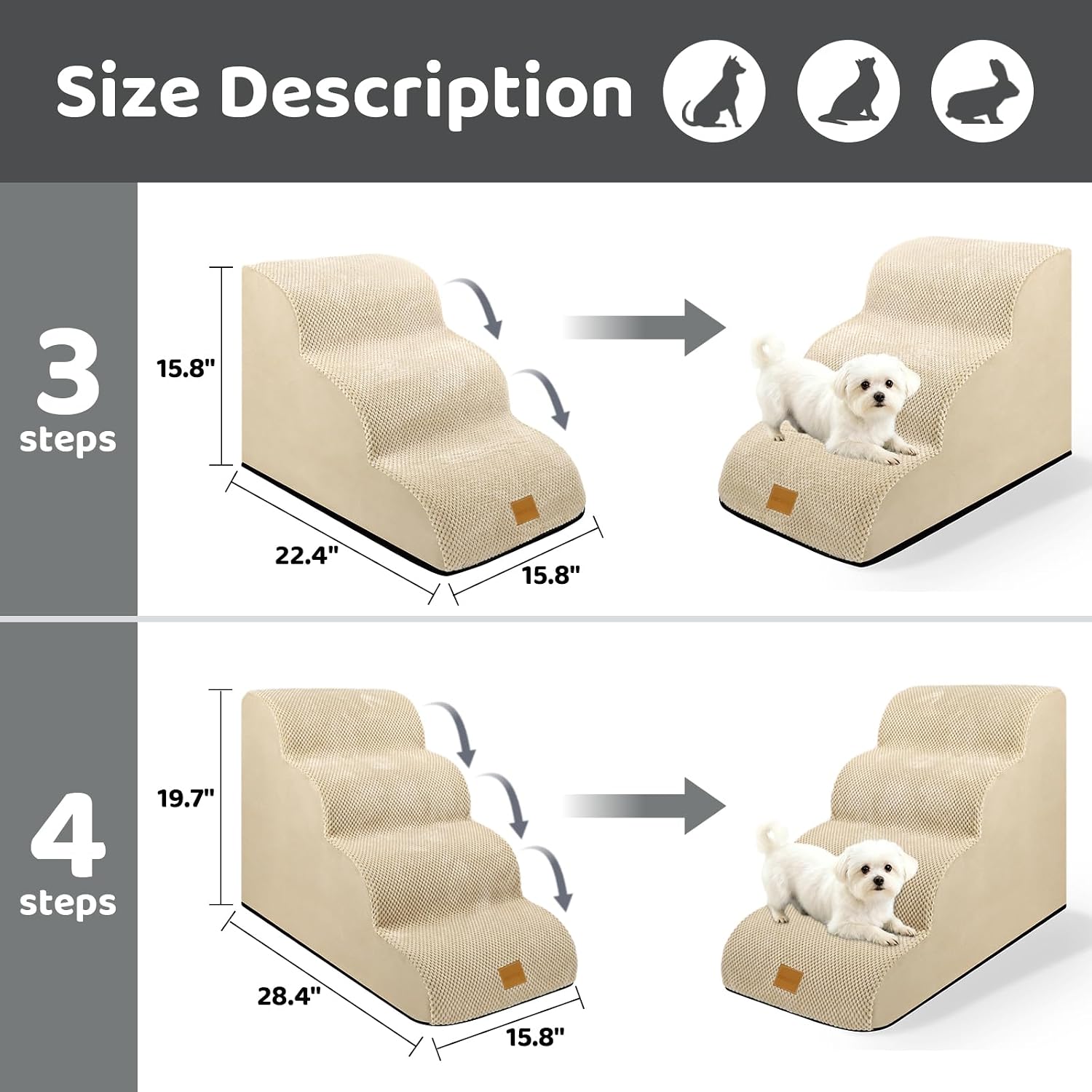 Detalle 2 de necvha Dog Steps for Bed (Premium 3-Step, Beige) — Non-Slip Foam Pet Ramp with Removable Plush Cover