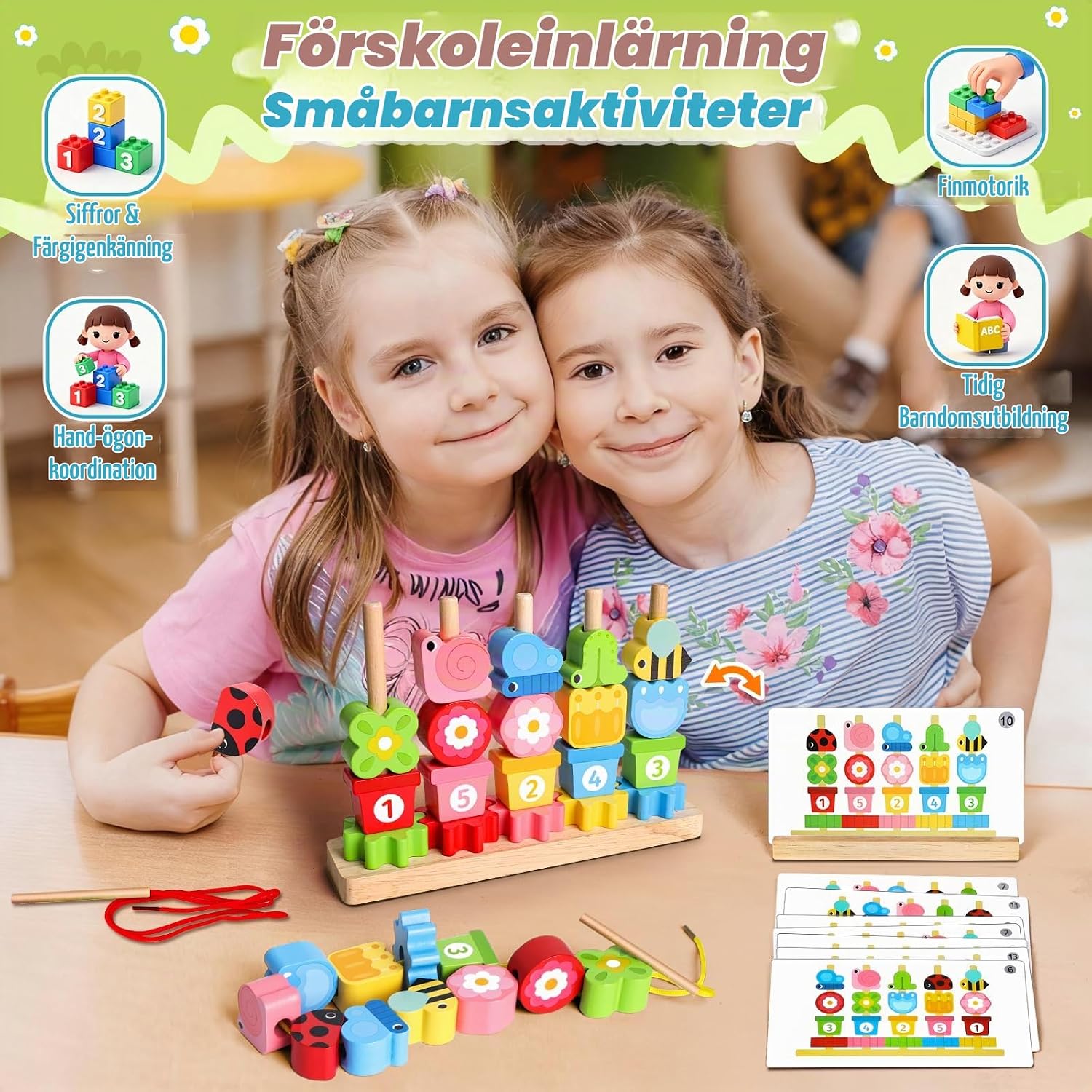 Detalle 2 de Montessori 2-i-1-leksak i trä – sorteringsspel och staplingslek för små barn