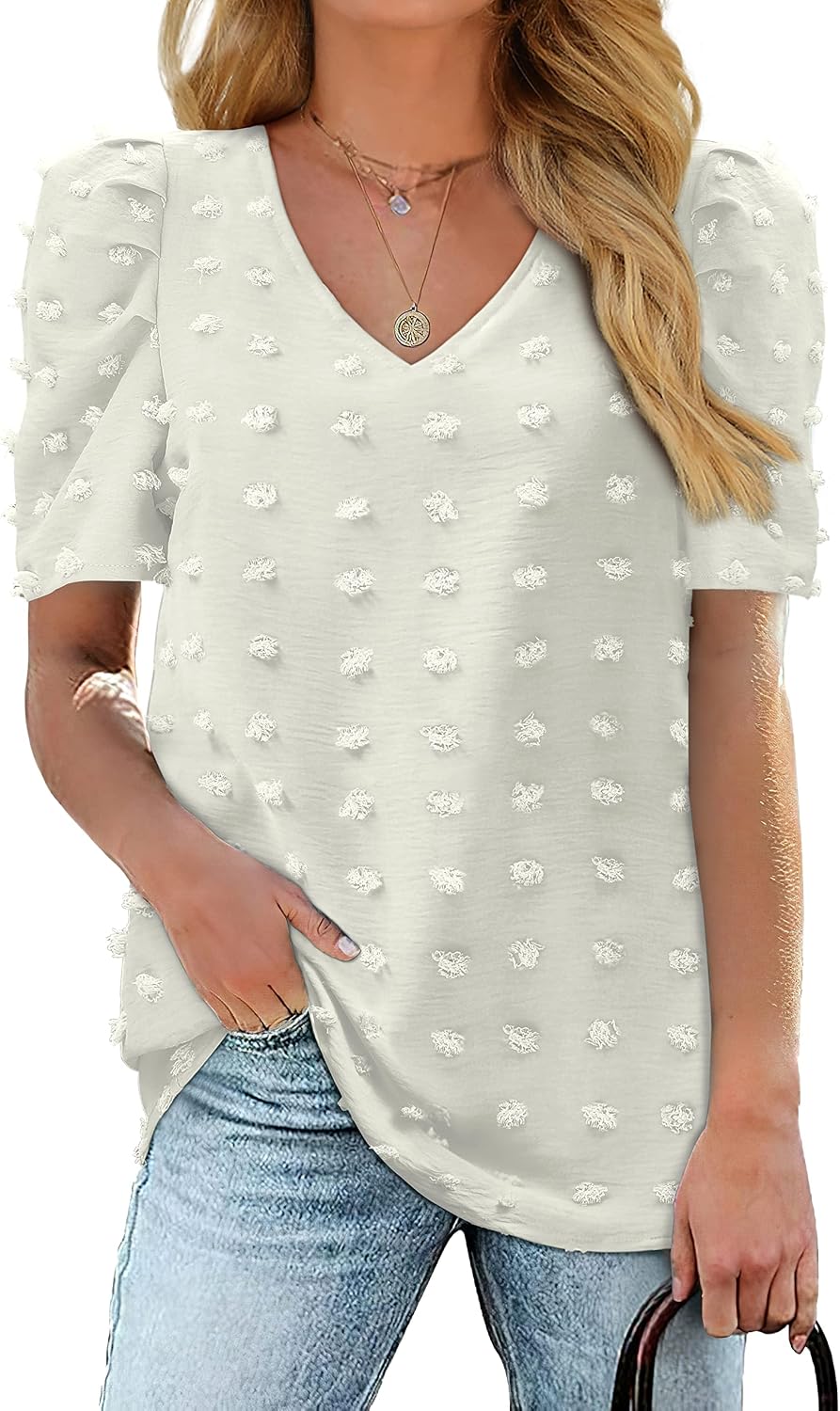 Detalle de Aokosor Ladies Tops: Swiss Dot V-Neck Puff Sleeve Blouse for Everyday Style