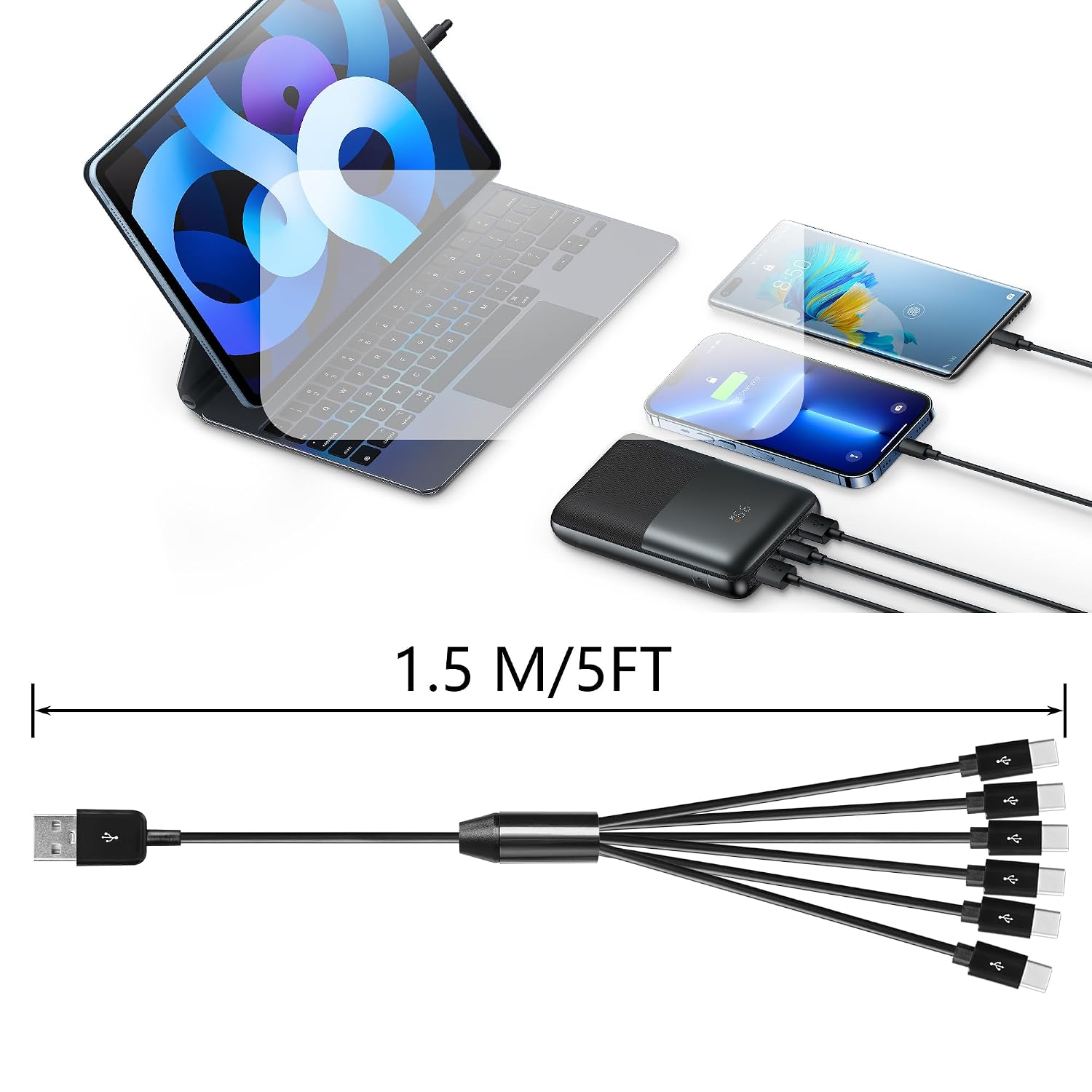 Thumbnail 6 de CERRXIAN 5FT USB-C 1-to-6 Splitter Cable (USB 2.0) with 1 data port for keyboards, mice & USB-C charging
