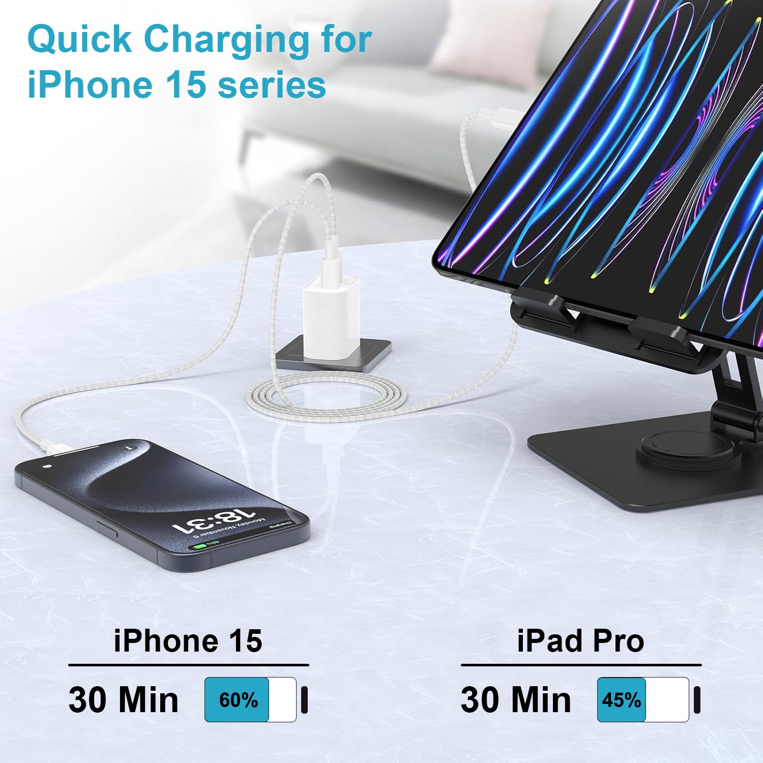 Thumbnail 1 de iPhone 16/17 USB‑C Ladekabel (2er‑Set, 2 m, 60 W) – Nylon geflochtenes USB‑C auf USB‑C Schnellladekabel