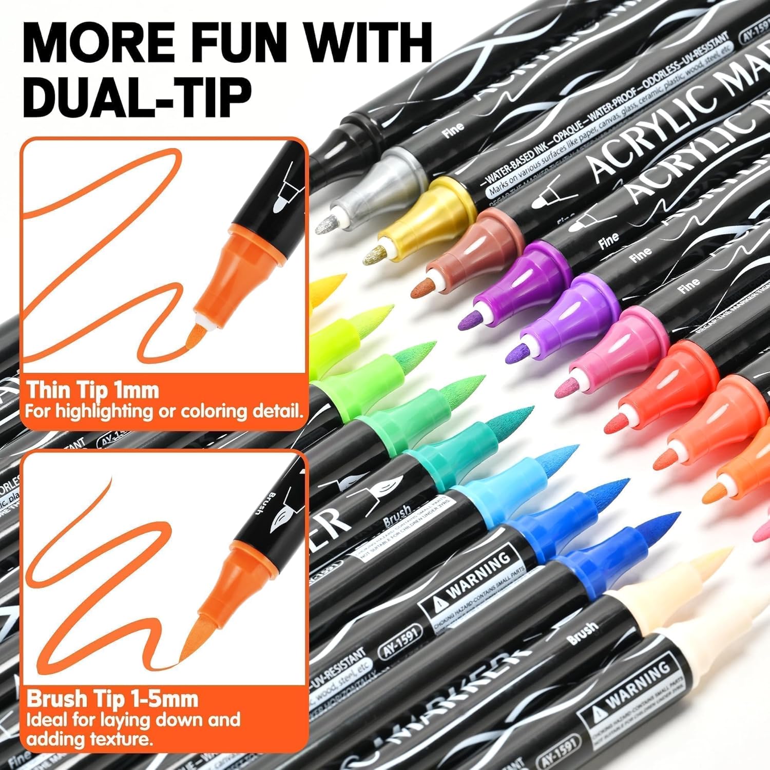 Thumbnail 1 de Eessmo 24 Colours Dual Tip Acrylic Paint Markers (fine tip & brush tip) for rock painting and crafts