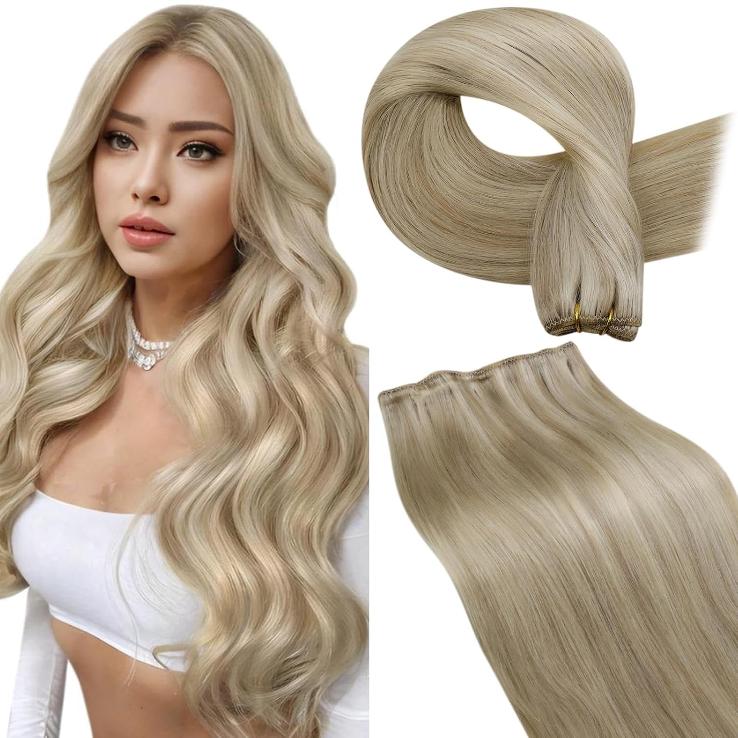 Detalle de LaaVoo Echthaar Tressen zum Einnähen Blond – Goldblond Highlight, 50 cm, 100 g, Remy Haar