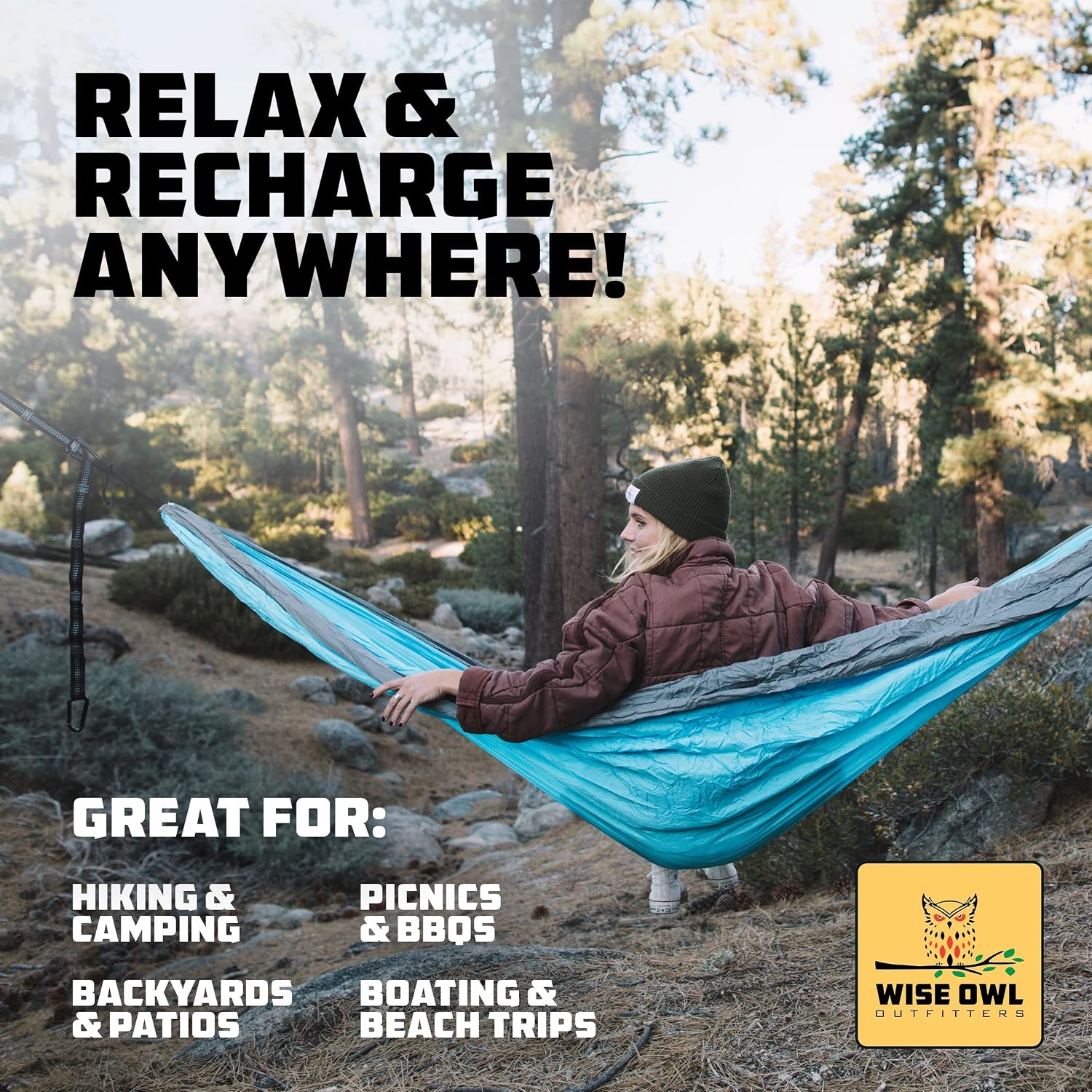 Detalle de Wise Owl Outfitters Camping Hammock – 9 ft x 4.5 ft, Tree Straps Included, Portable up to 400 lbs
