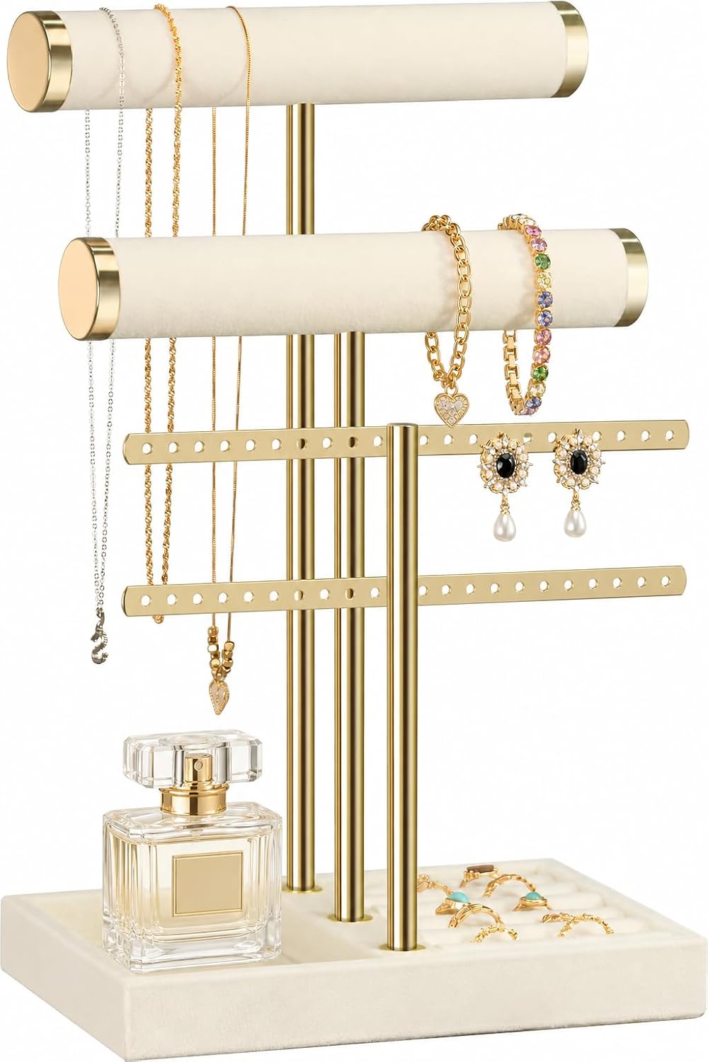 Detalle de Josmimic Schmuck Organizer mit 3 Ebenen in Beige – samtiger Armbandständer mit abnehmbarem T-Steg