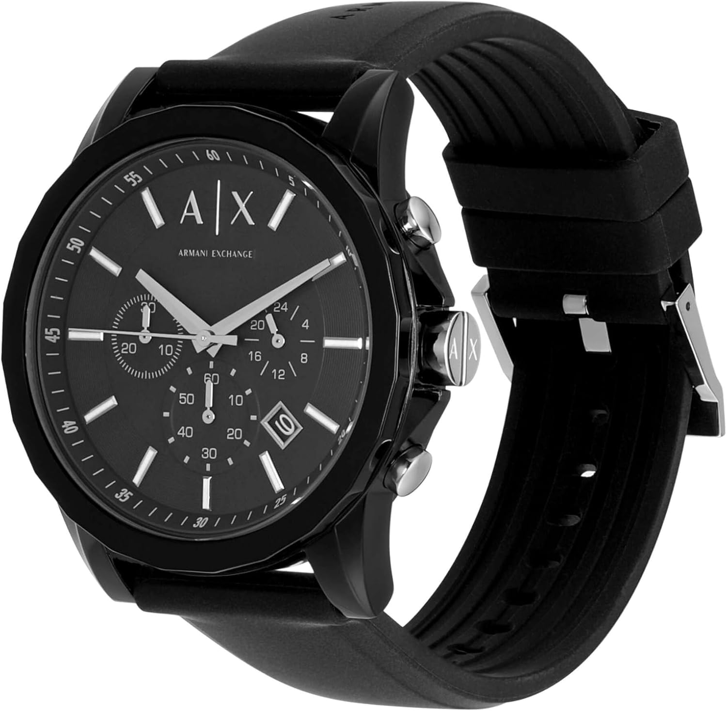 Detalle de Armani Exchange Herrenuhr: Quarz-Chronograph, 44 mm Gehäuse, Silikonarmband
