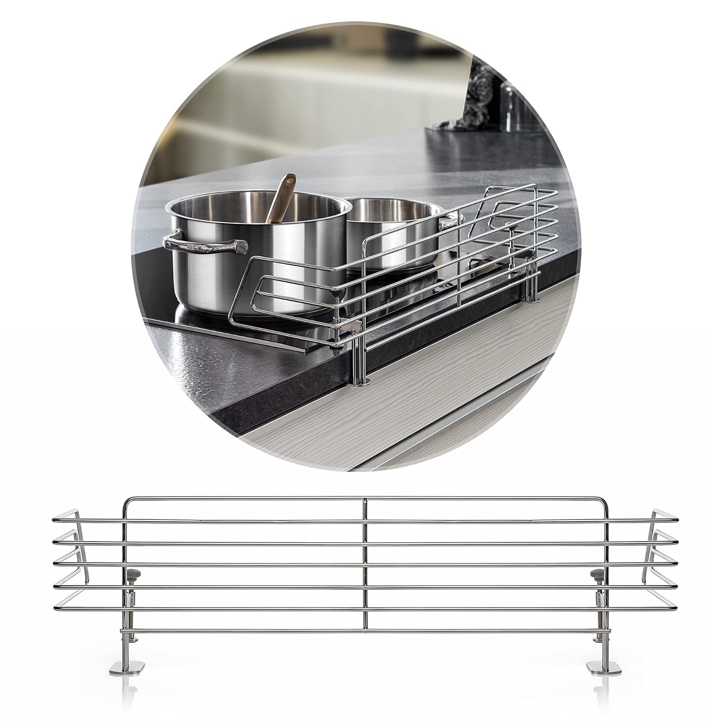 Detalle de reer CLASSIC Herdschutzgitter aus Edelstahl (65 cm) – stabile Kindersicherung für Ceran & Induktion