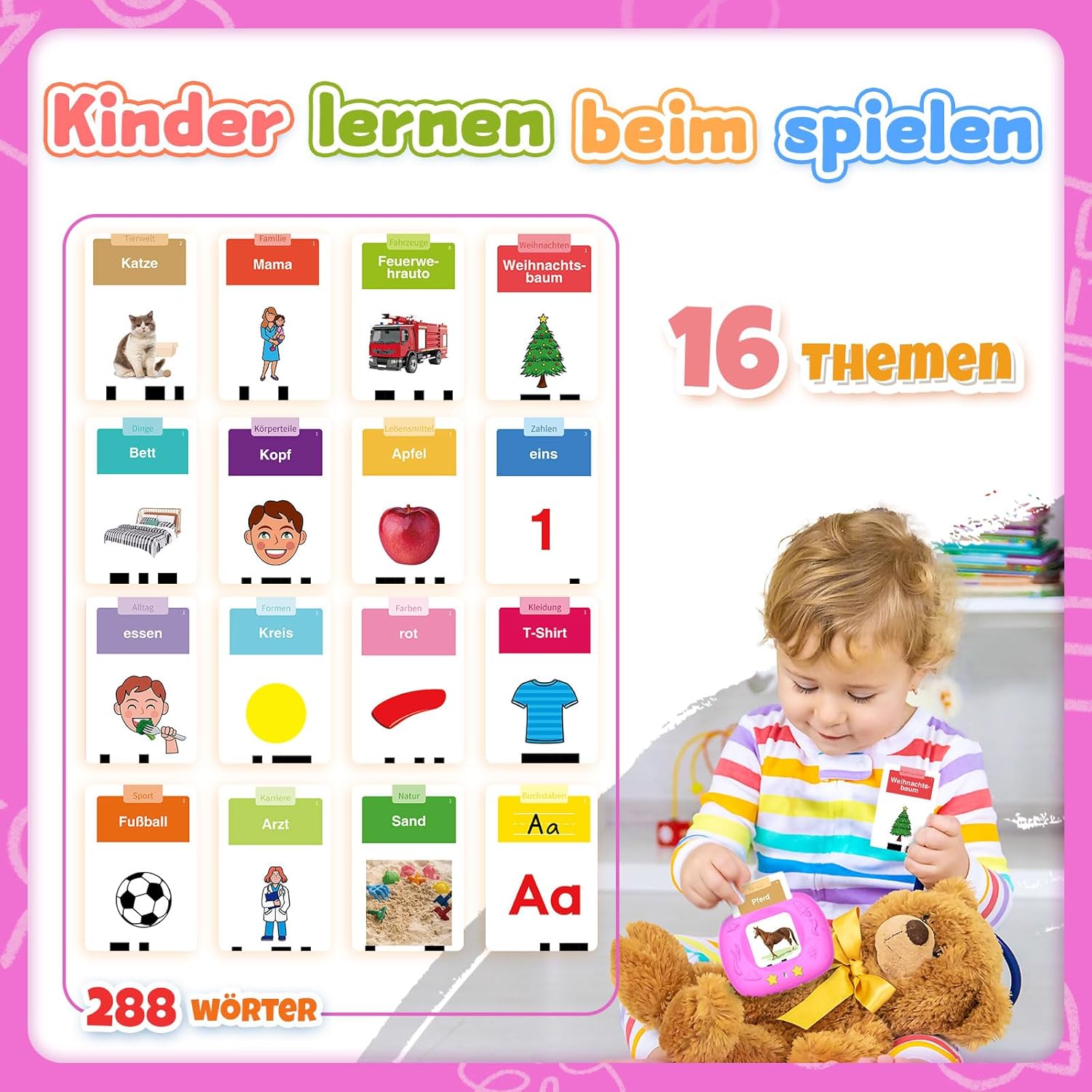 Thumbnail 1 de HOMESTEC Lernkarten-Spielzeug ab 2 Jahren (Deutsch, 144 Karten/288 Wörter) – für 2–5 Jahre, rosa