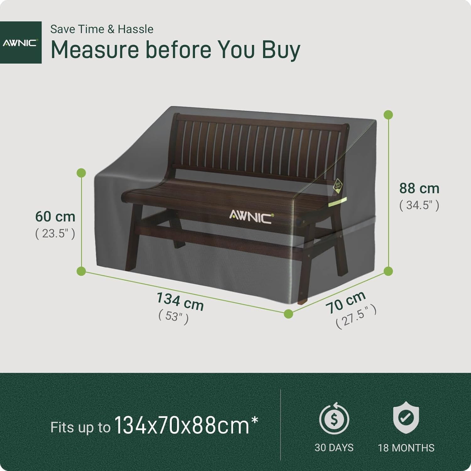 Thumbnail 1 de AWNIC Garden Bench Cover 2 Seater: Waterproof 420D Polyester, 134x70x60/88 cm