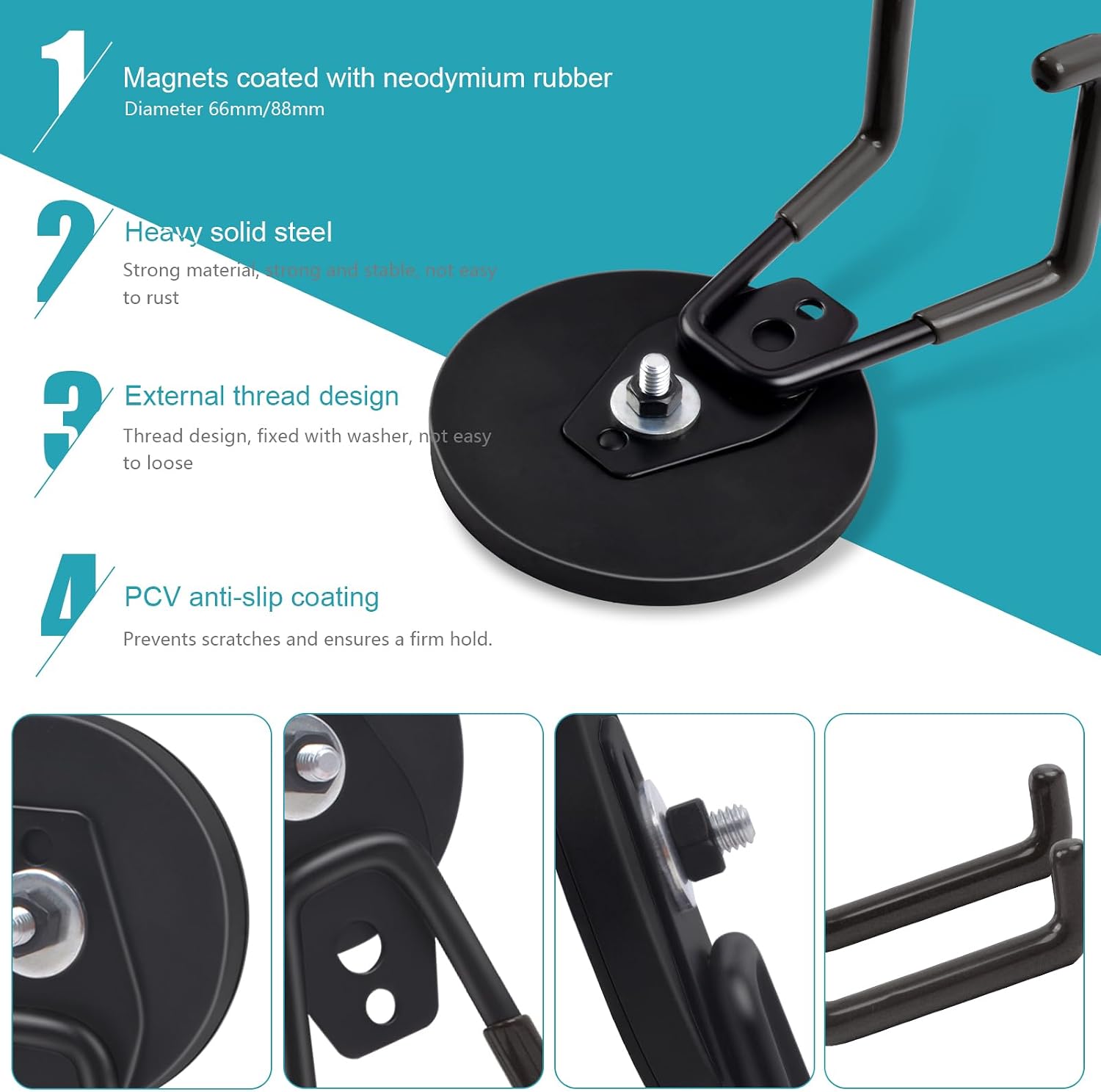 Detalle 2 de MAGXCENE BJCG66BLA-2 Magnetic Hooks, 2-Pack, Rubber-Coated 2.59-Inch Base