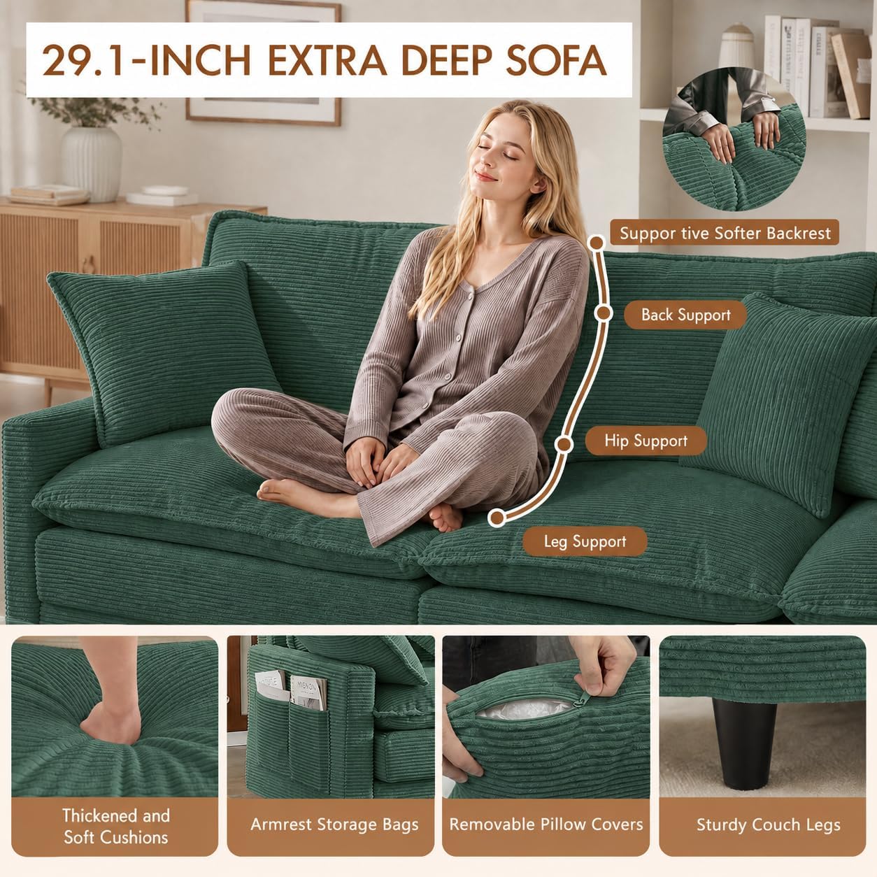 Detalle de Corduroy Sectional Sofa, 107.3-Inch
