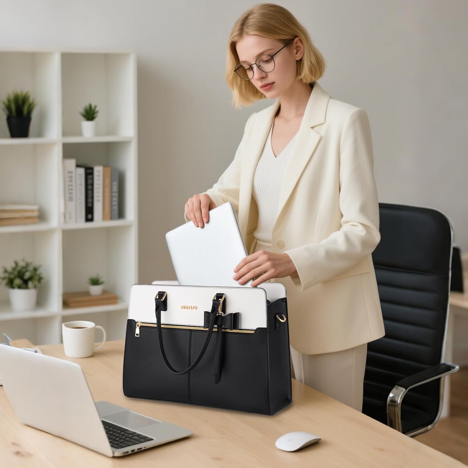 Detalle de MOSISO Borsa Tote Laptop Donna 15.6'' in Pelle PU Impermeabile, con Pochette e Fiocco – Nero