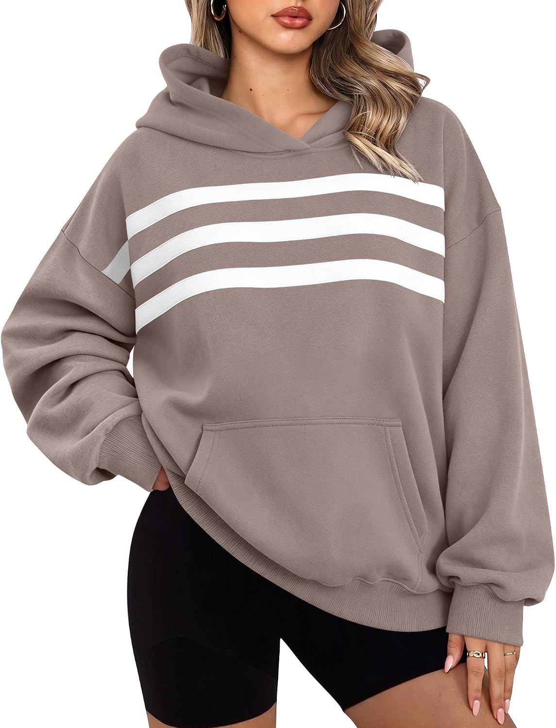 Detalle de onlypuff Women's Striped Oversized Fleece Hoodie Pullover