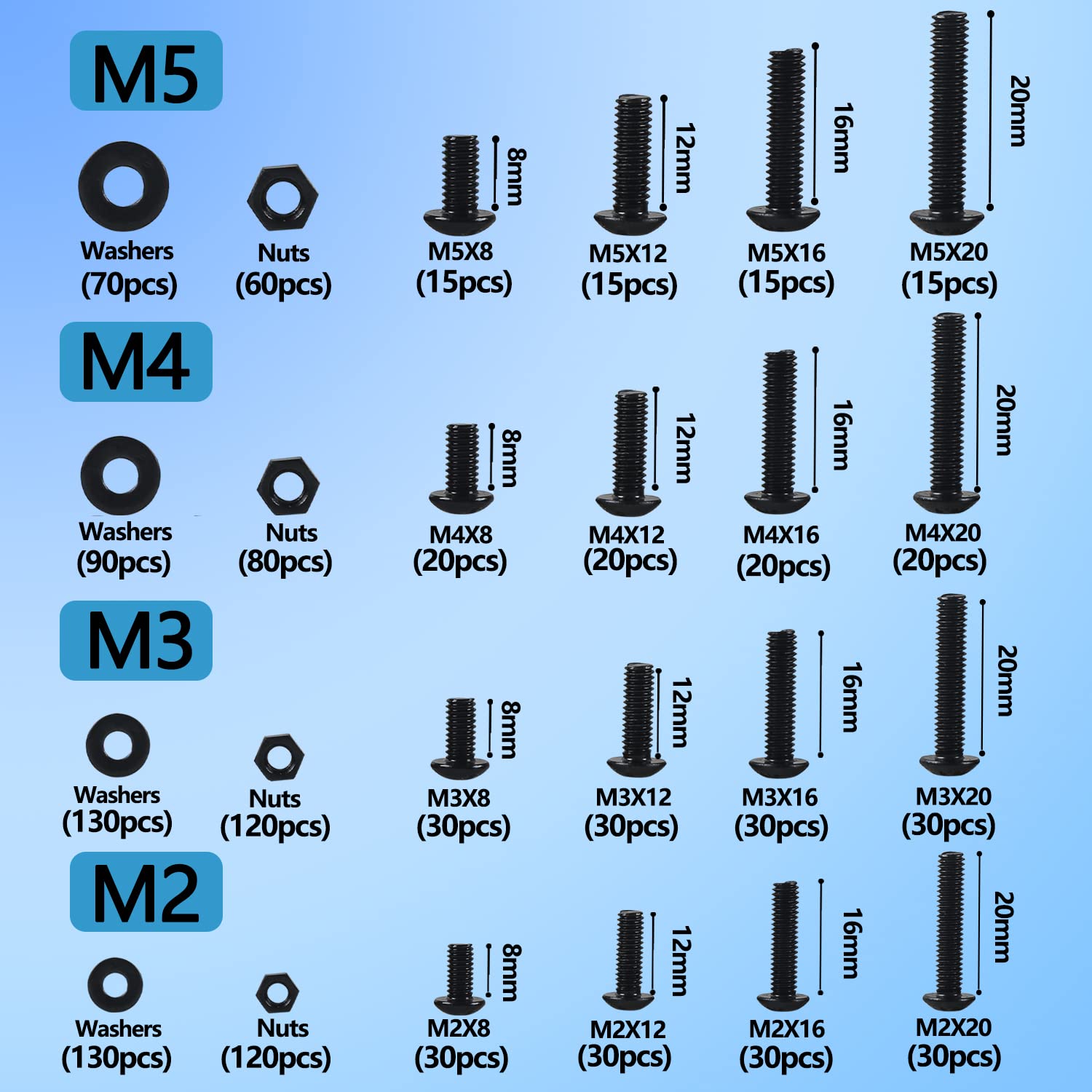 Thumbnail 1 de Set viti e dadi con rondelle 1180 pezzi in acciaio al carbonio M2–M5 (nero) – kit pratico per riparazioni domestiche e officina