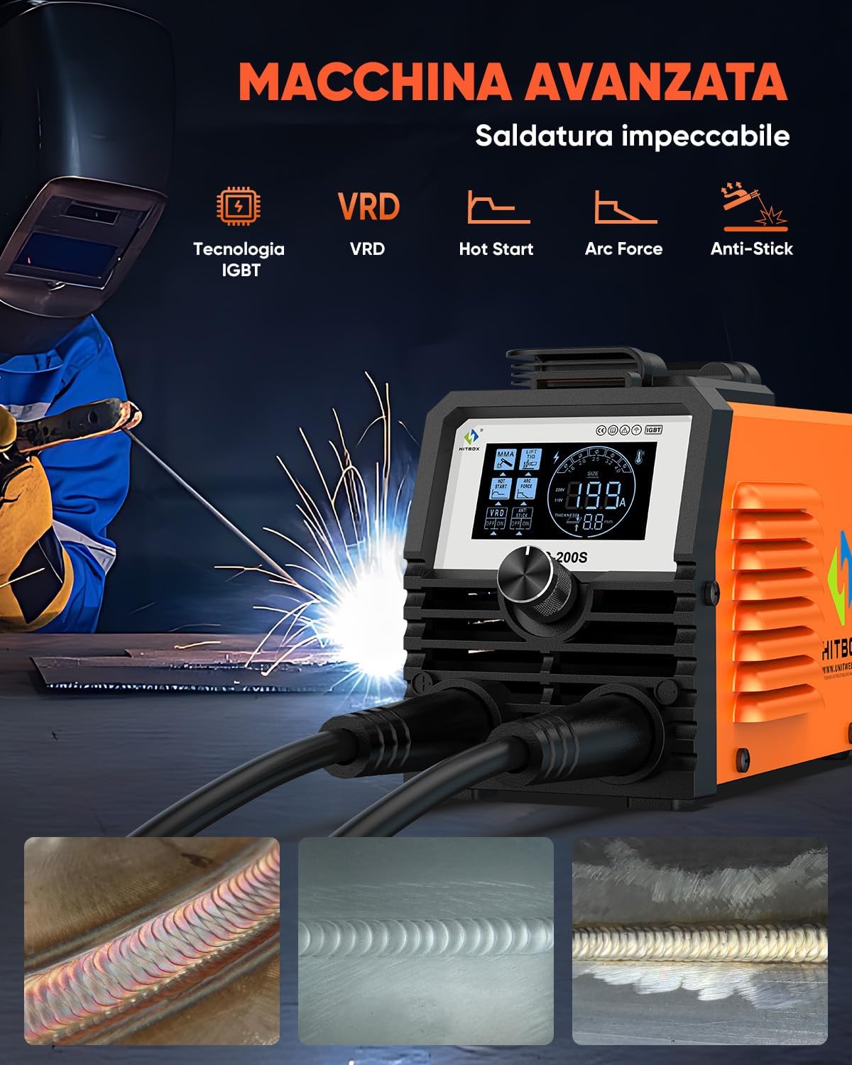 Thumbnail 4 de HITBOX ARC200S 230V Mini Saldatrice Inverter IGBT 2‑in‑1: MMA e Lift TIG compatta con Display LED