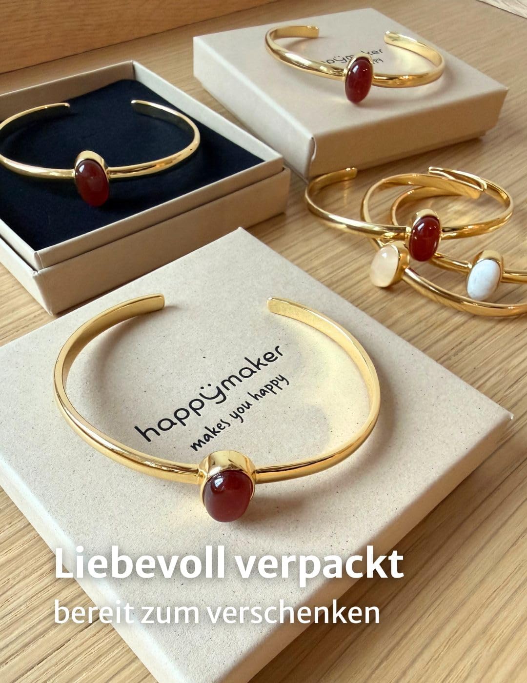 Thumbnail 3 de happymaker Armreif Gold Damen mit echten Edelsteinen – Mondstein, Rosenquarz oder Karneol
