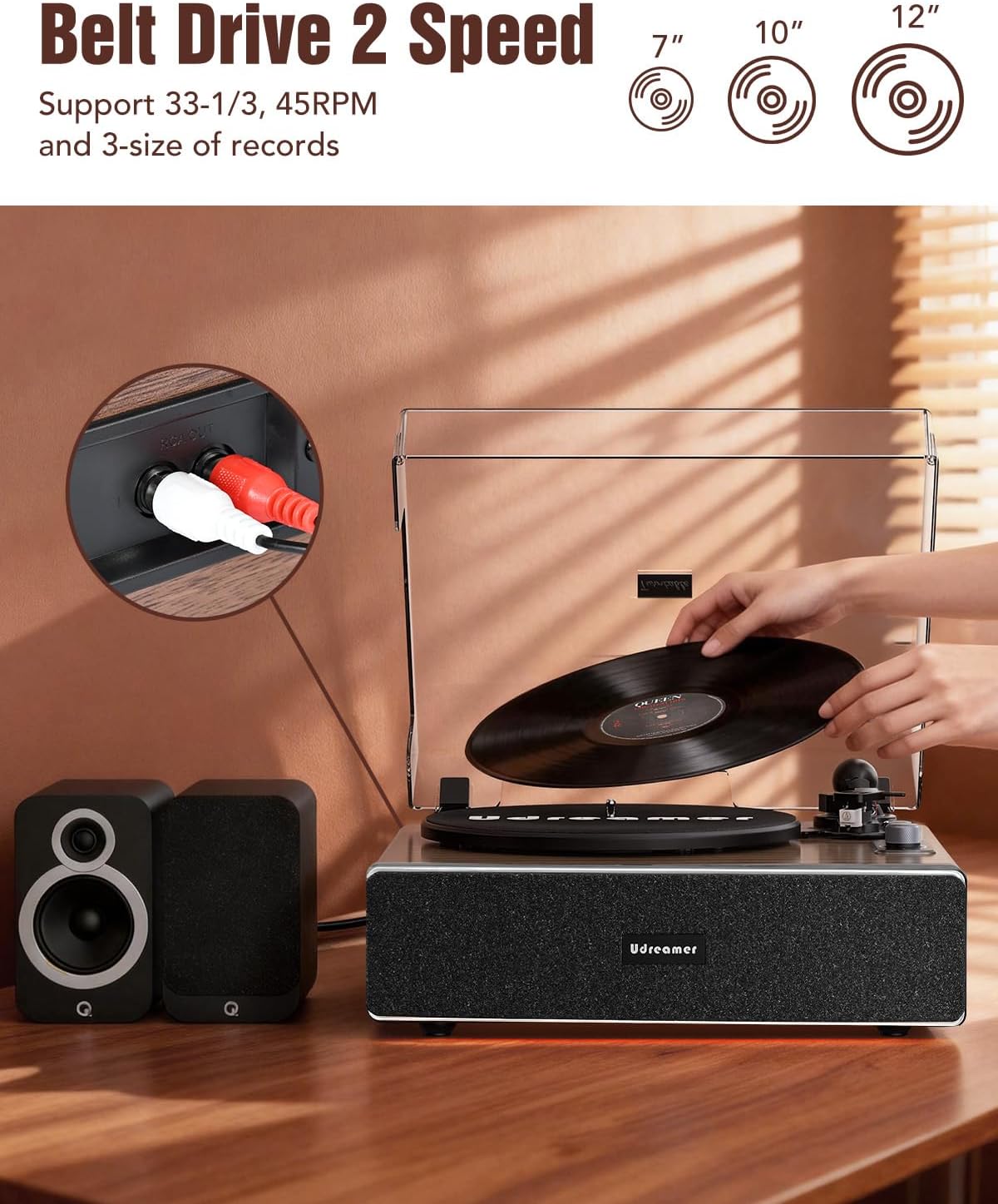 Detalle 1 de Udreamer Vinyl Record Player, AT-3600L, Bluetooth, Built-In Speakers & Lighting