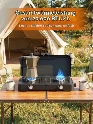 Thumbnail 5 de FOHERE Campingkocher: 2-flammiger Propangaskocher – tragbarer Tischkocher