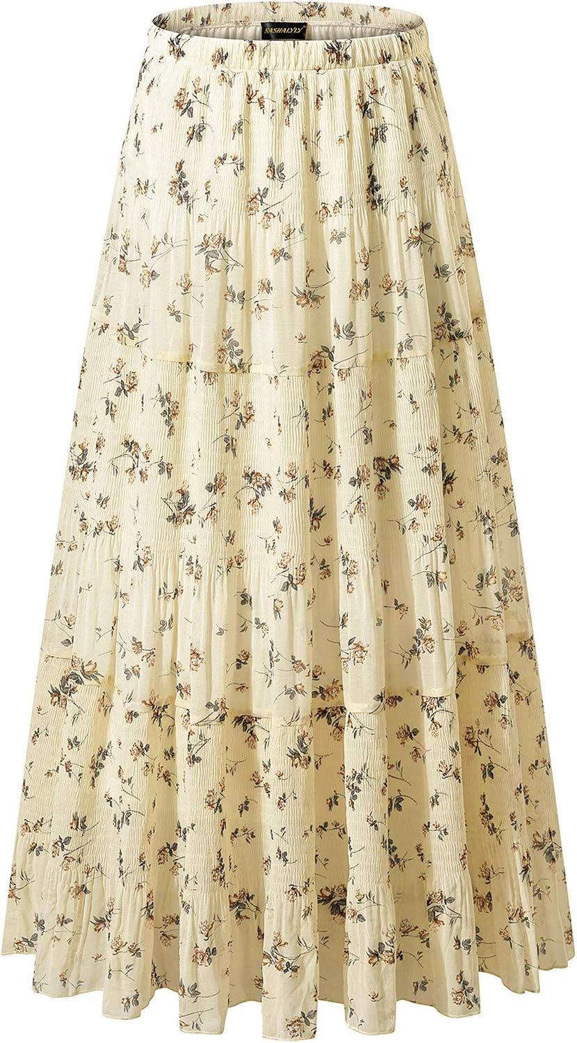 Detalle de NASHALYLY Women's Chiffon Elastic High Waist Pleated A-Line Flared Maxi Skirt