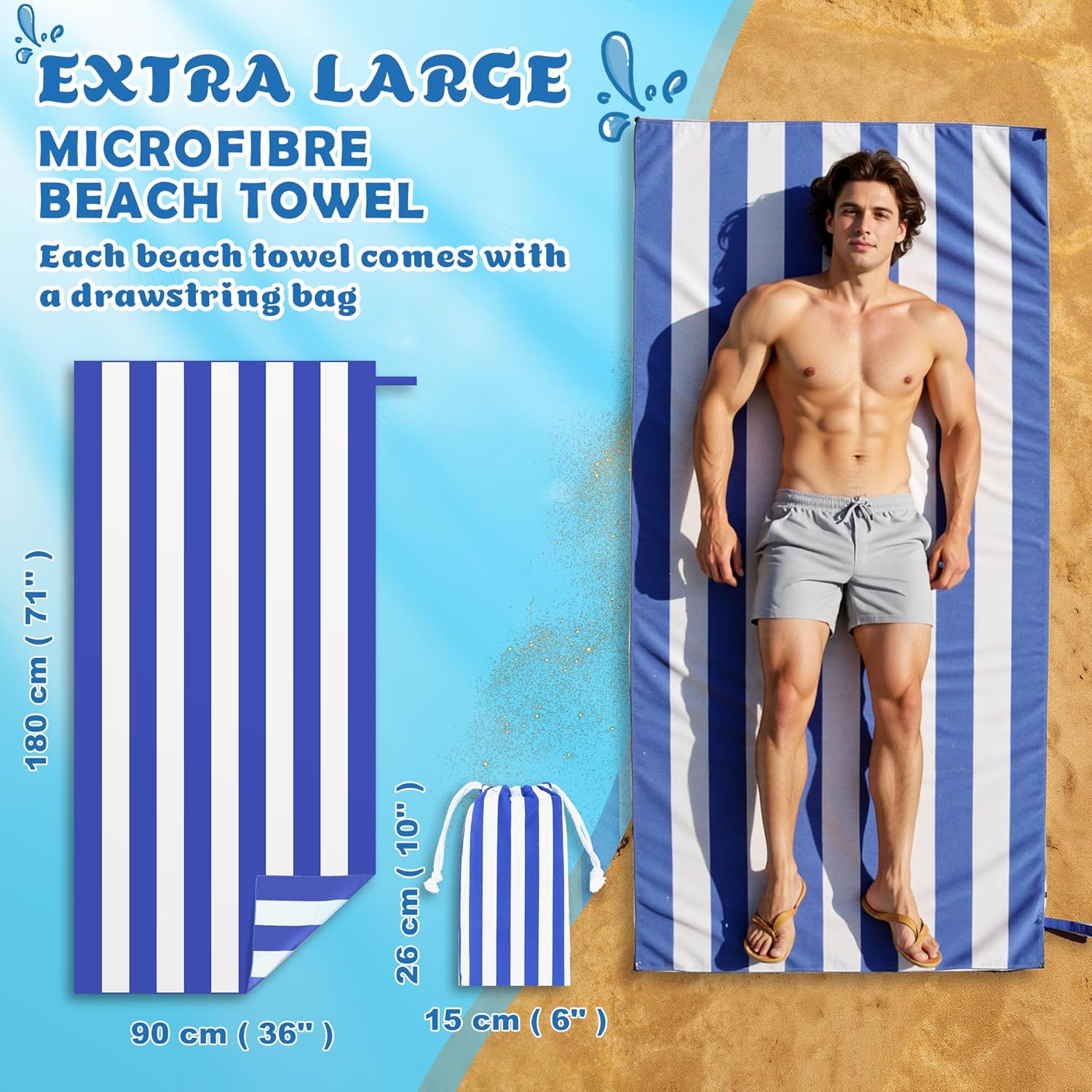 Thumbnail 1 de Anavasi Microfibre Beach Towels for Adults (2 Pack) 180 x 90 cm with Drawstring Bag