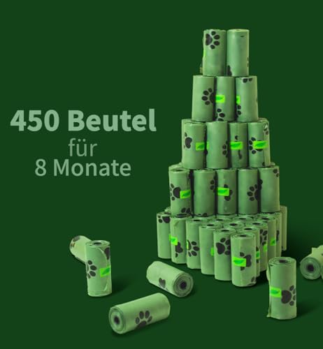 Detalle de Blanlody Bolsas para Excrementos de Perro, 450 Unidades Verdes, Extra grueso y Biodegradables 30 x 22 cm (con dispensador y clip de cinturón)