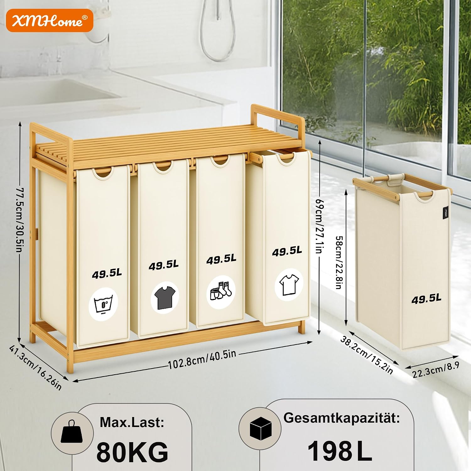 Thumbnail 2 de XMHome Wäschesammler 4 Fächer, 198L mit Bambusrahmen – 4 x 49,5L, ausziehbar, beidseitige Ablage