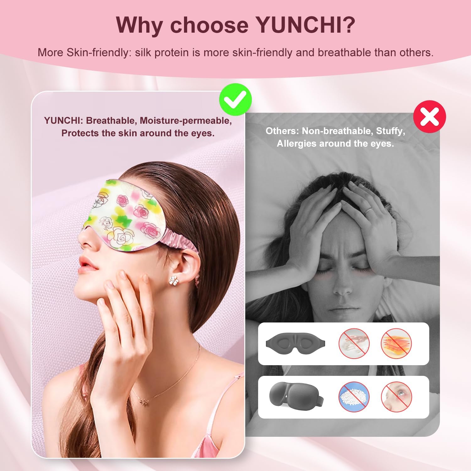 Thumbnail 2 de Sleep Mask Silk Eye Mask for Sleeping – 19 Momme Mulberry Silk, Pink Flowers, 100% Pure, Blackout with Elastic Strap