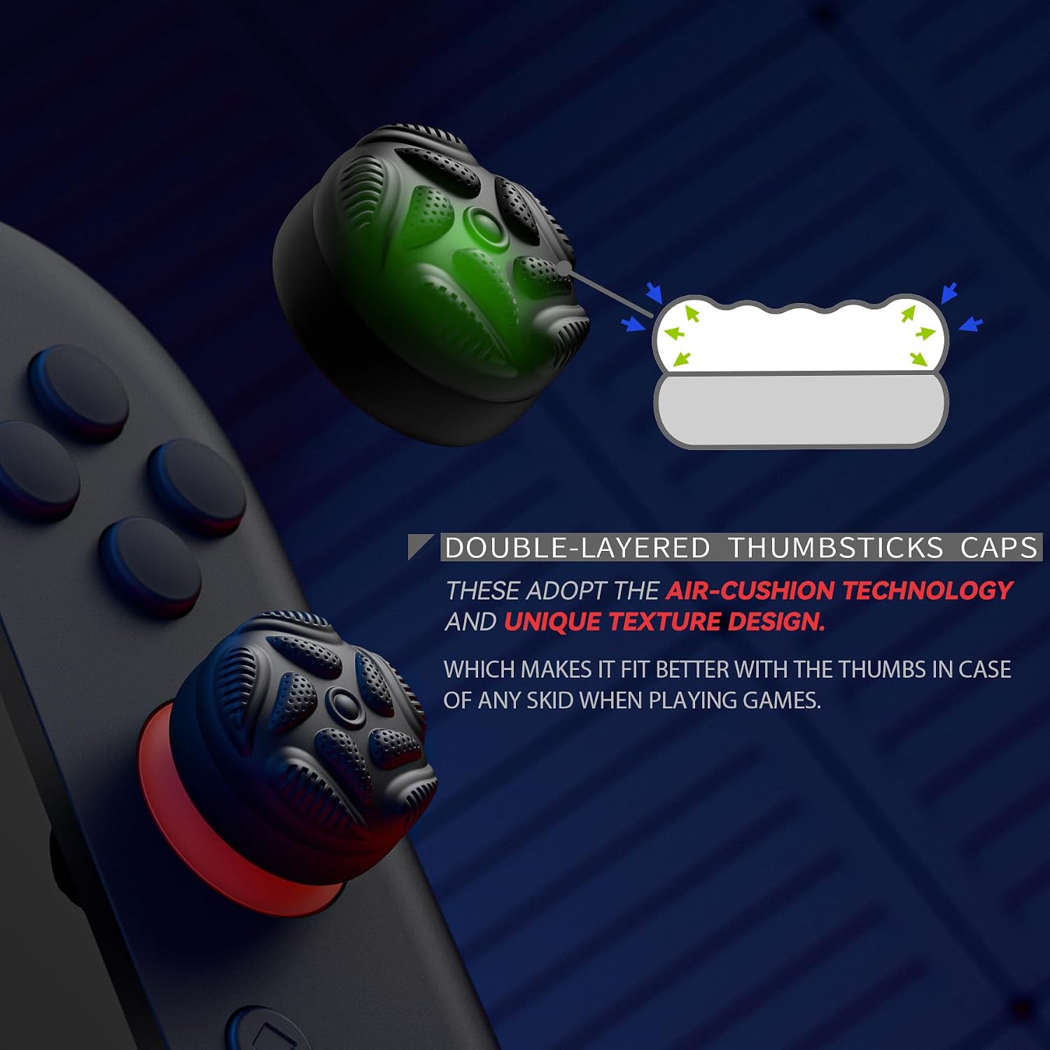 Detalle 2 de playvital for Switch 2 Thumb Grips (4-Pack) – Silicone thumb caps with air cushion, anti-slip raindrop texture in black