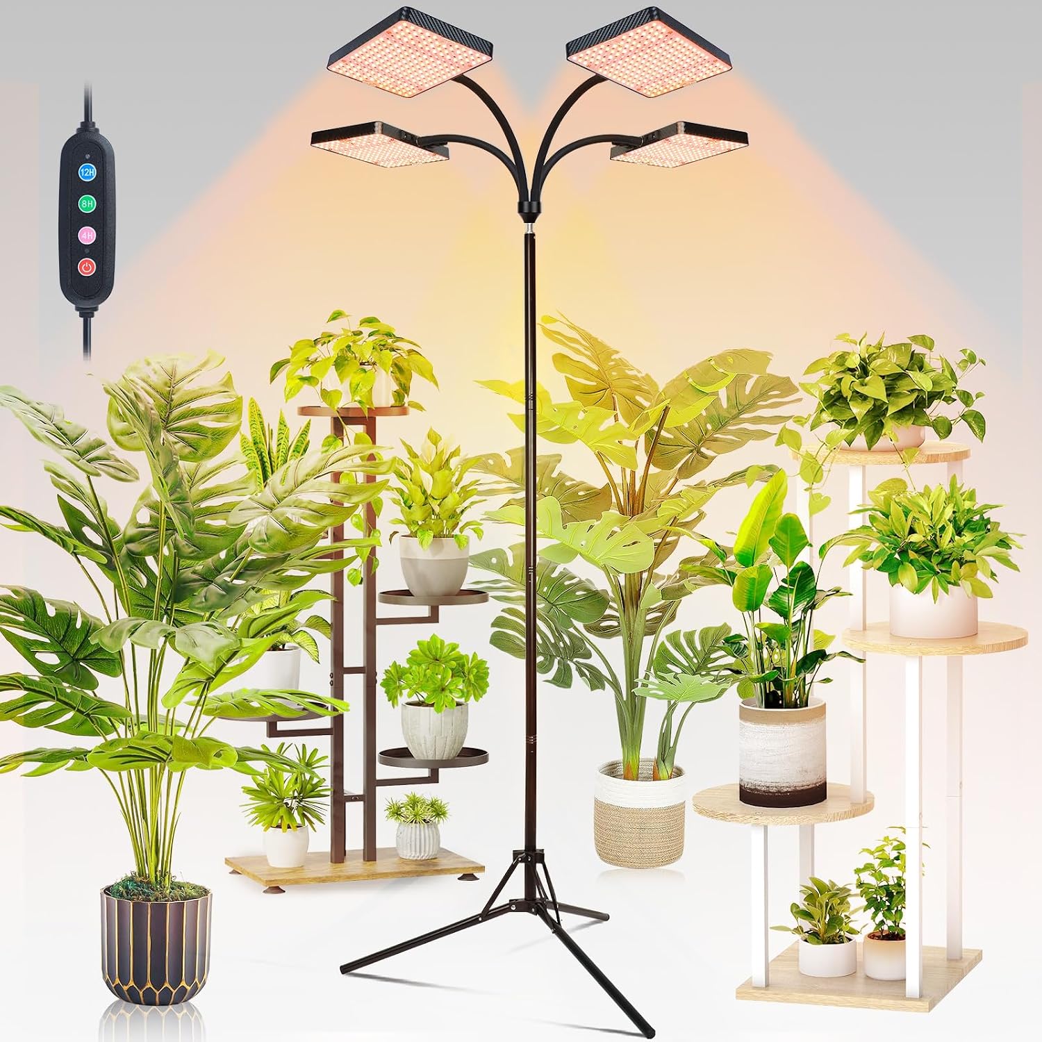 Detalle de FECiDA Zinqolay 76-Inch Standing Grow Light, 4 Heads, Full Spectrum, Timer
