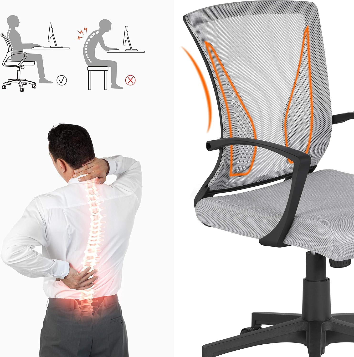 Detalle 2 de Yaheetech Adjustable Desk Chair Executive Computer Office Chair with Lumbar Support and Arms (Light Grey, Mesh)