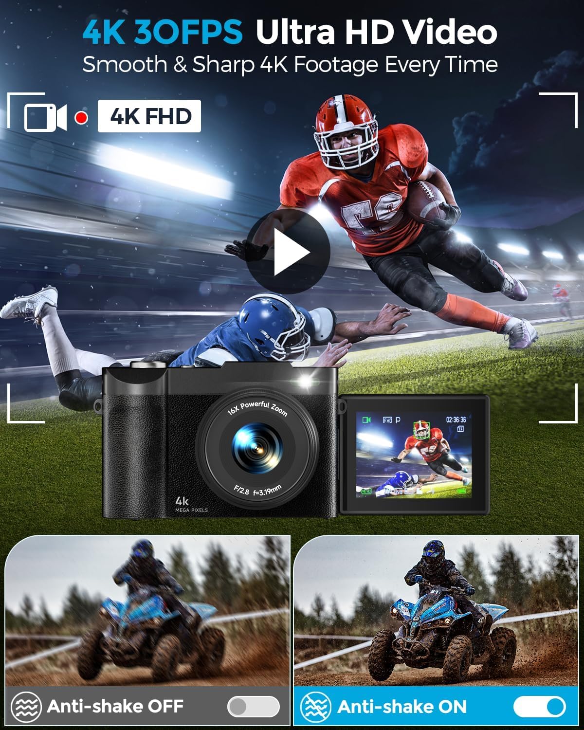 Thumbnail 2 de 4K Digitalkamera Maxmango 50MP mit 2,8" 180° Klappdisplay und Webcam-Funktion