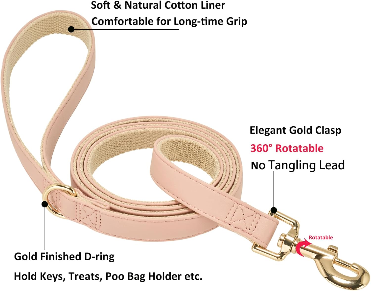Thumbnail 1 de YUDOTE 150cm Soft Cotton Dog Lead with PU Leather (Light Pink) – 2cm flat leash for medium dogs