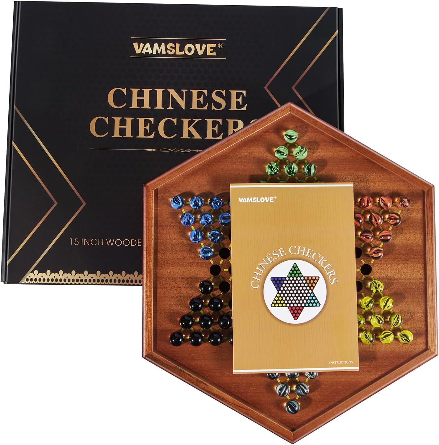 Thumbnail 5 de VAMSLOVE Chinese Checkers 15" wooden board with 72 marbles ๐ฒ