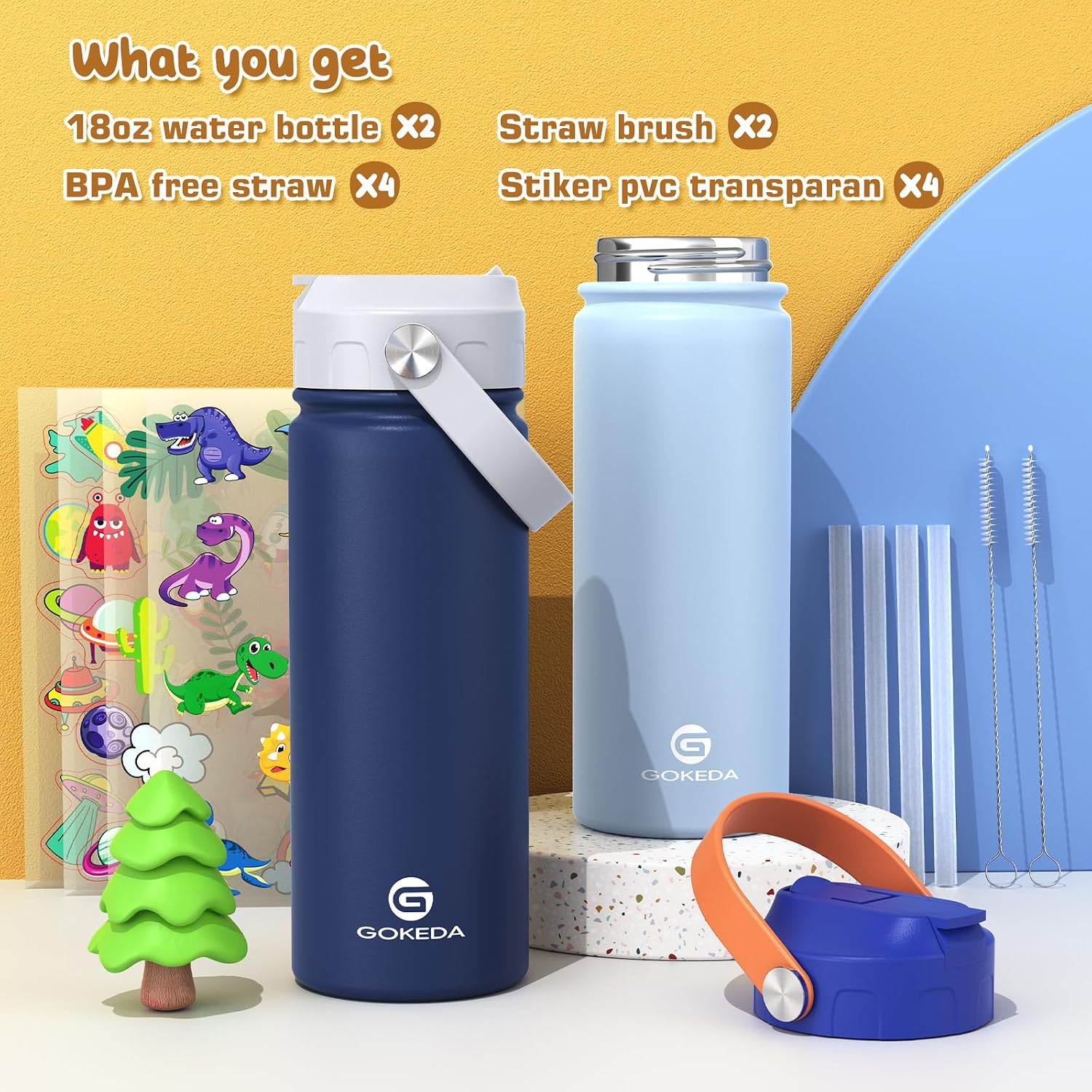 Thumbnail 1 de GoKEDA 2P-PJSB-Boy Kids’ 18 oz Stainless Steel Straw Bottles, 2-Pack