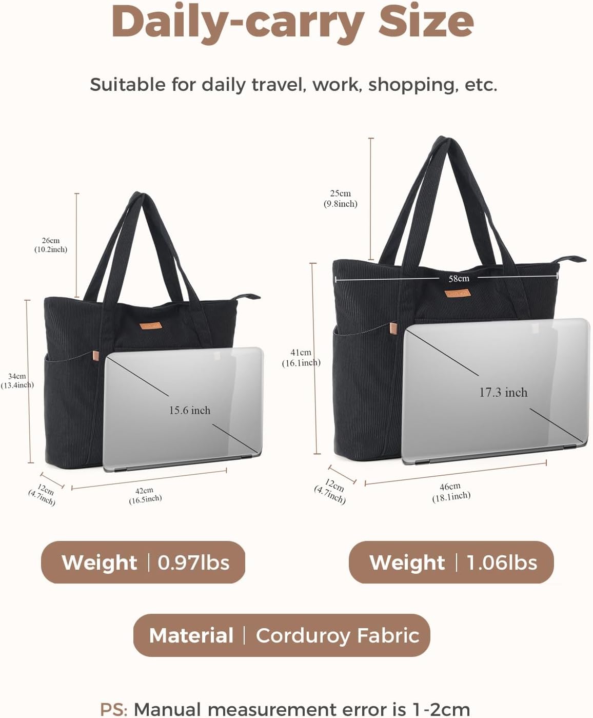 Detalle de Lekespring Large Corduroy Laptop Tote Bag for Women (46 x 12 x 41 cm) with 17-inch sleeve, zip and pockets