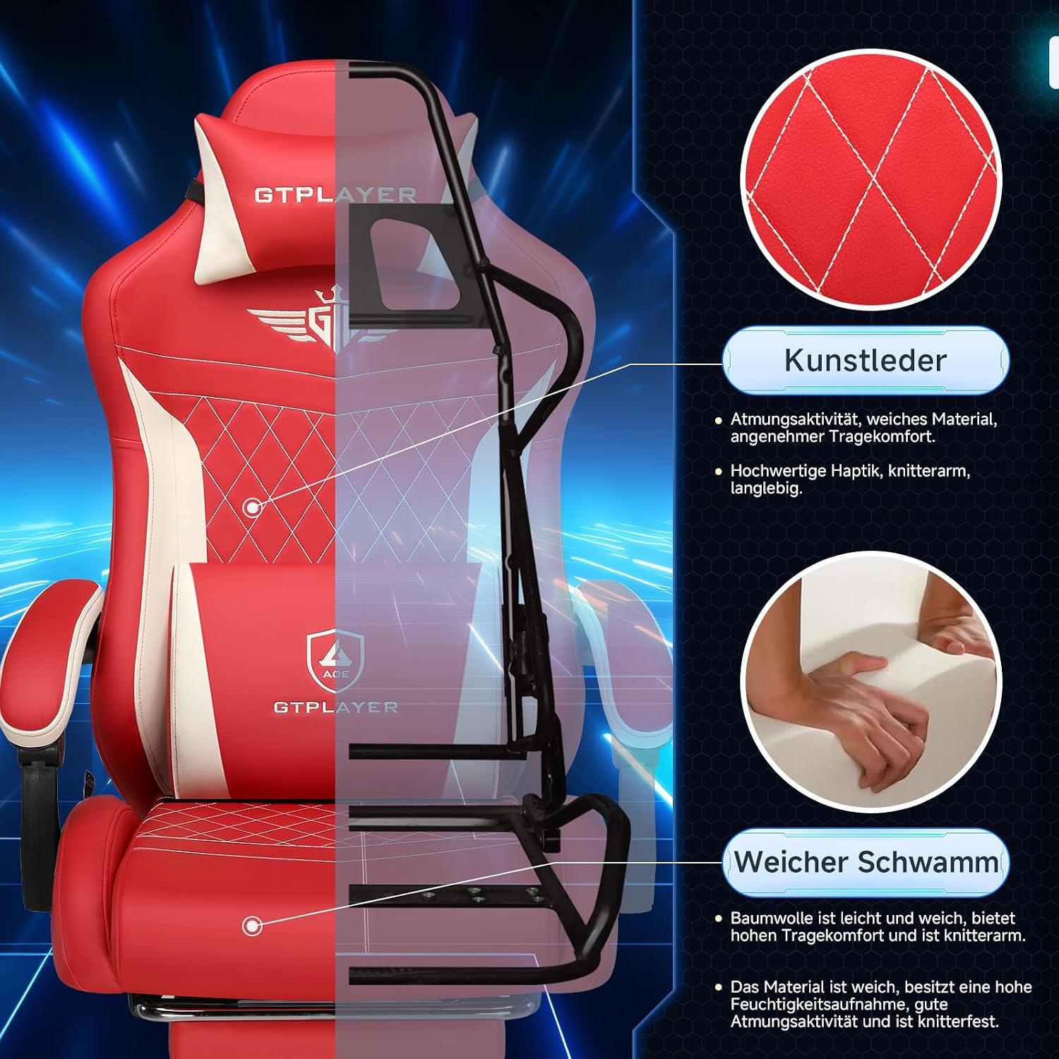 Detalle 2 de GTPLAYER Chaise de gaming ergonomique en cuir synthétique rouge, support lombaire et dossier jusqu’à 150°