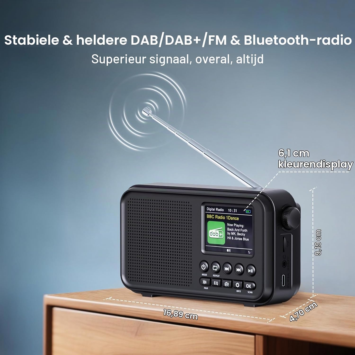 Detalle de ROCAM CR1031DAB draagbare DAB+/FM-radio met 3.000 mAh-accu en kleurenscherm