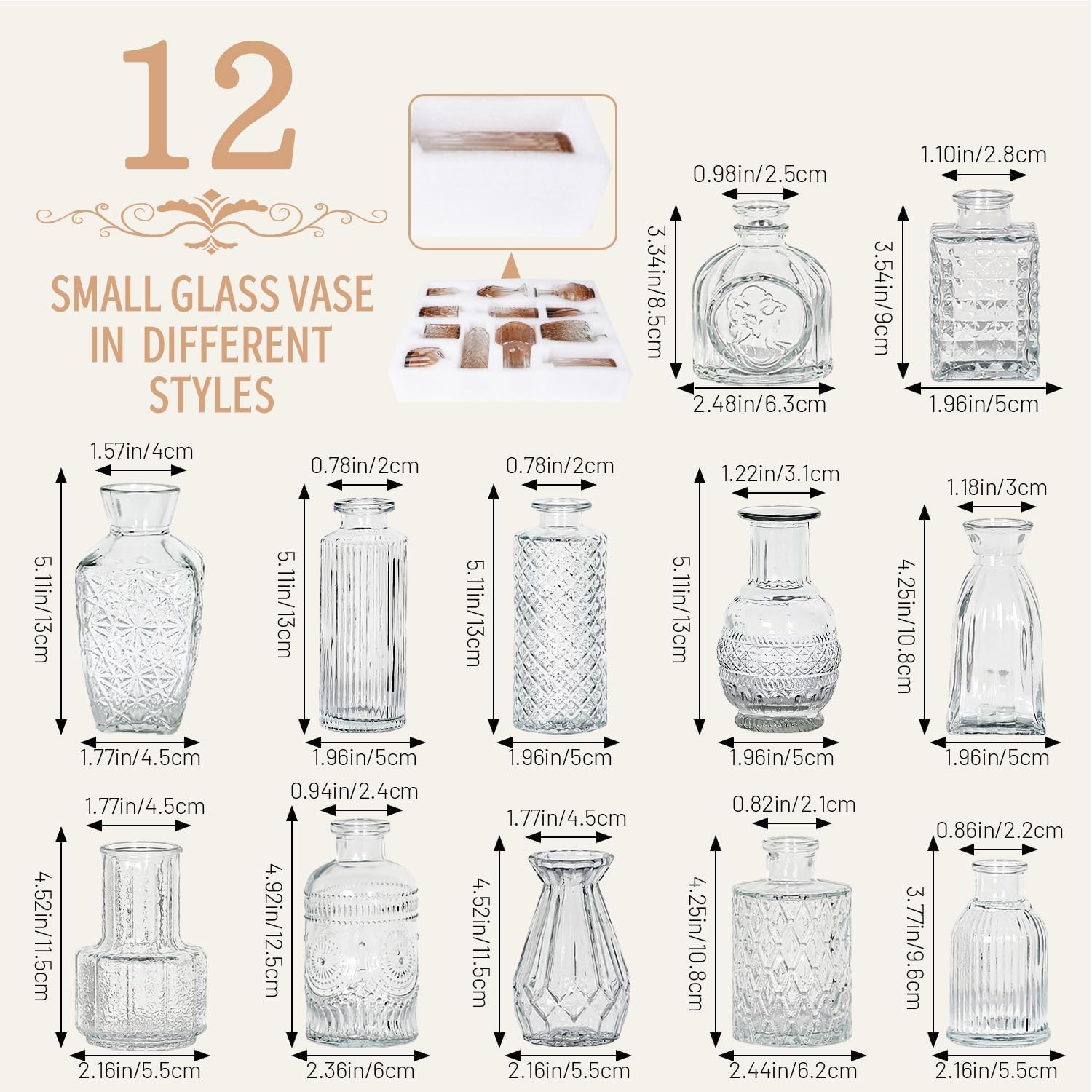 Detalle de Sawoake 12pcs Mini Bud Vases Set — Vintage Clear Glass Centerpieces for Weddings and Events