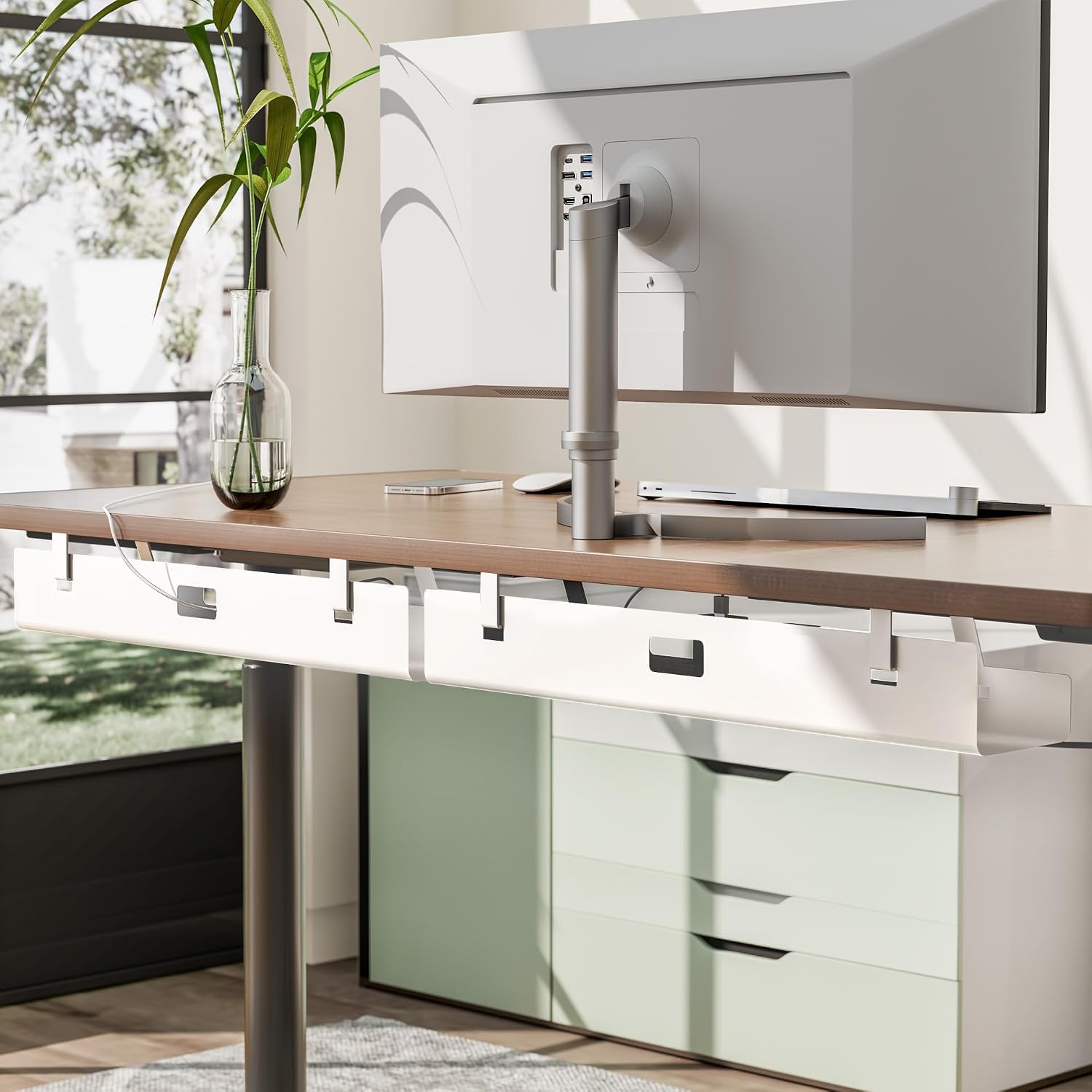 Detalle de Mimoke Kabelmanagement Tray 2er-Set 120 cm (2×60 cm) Stahl – Untertisch-Kabelschale für Schreibtisch, Steckdosenleiste (Weiß)