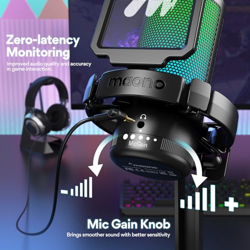 Detalle de MAONO Microfono Gaming USB con cancelación de ruido y RGB – ideal para streaming y podcast