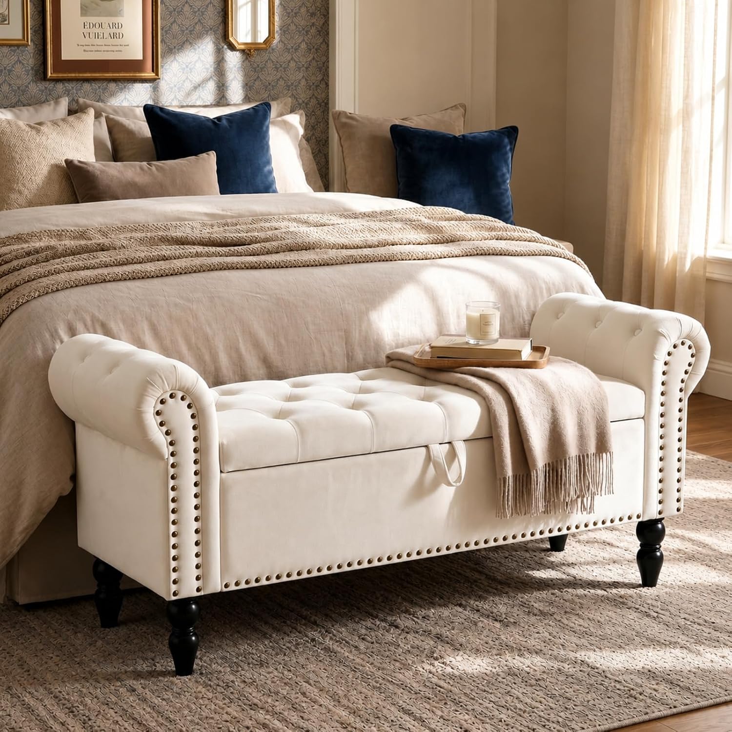 Detalle de Clevich CWD0043 opbergbank 133 cm, beige fluweel, tot 168 kg