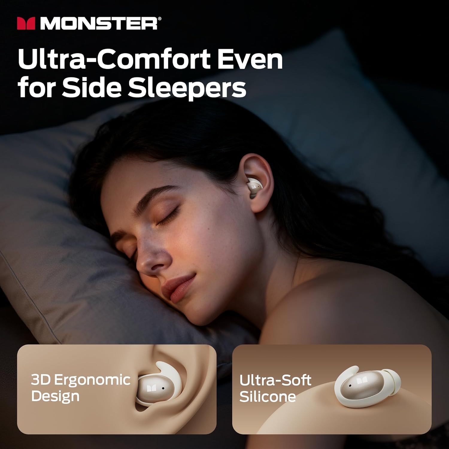 Detalle de Monster Sleep Ear100 W57 Sleep Earbuds, Side-Sleeper Design, Stereo Sound, IPX6