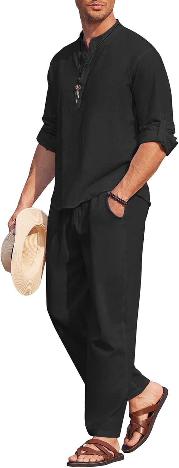 Thumbnail 6 de COOFANDY Men’s 2-Piece Cotton Linen Henley & Beach Pants Set