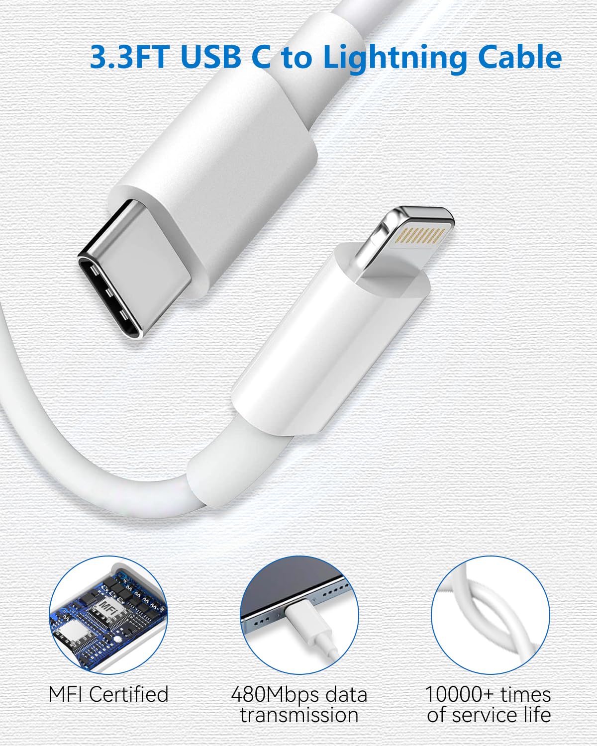 Detalle de KINPEE KIN-cb-01 USB-C to Lightning Cable, 1 m, MFi Certified, 480 Mbps