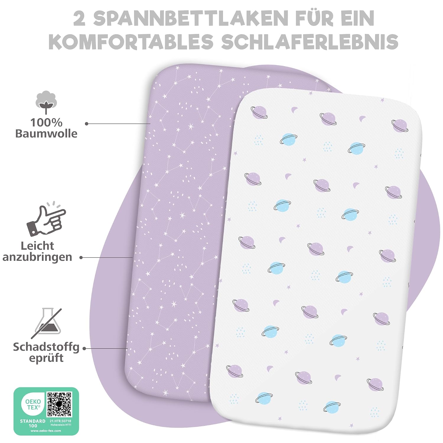 Detalle de Weltraum2X Spannbettlaken 55x90 cm + Matratzenschoner 55x90 cm – 3er-Set, 100% Baumwolle, wasserdichter Bezug