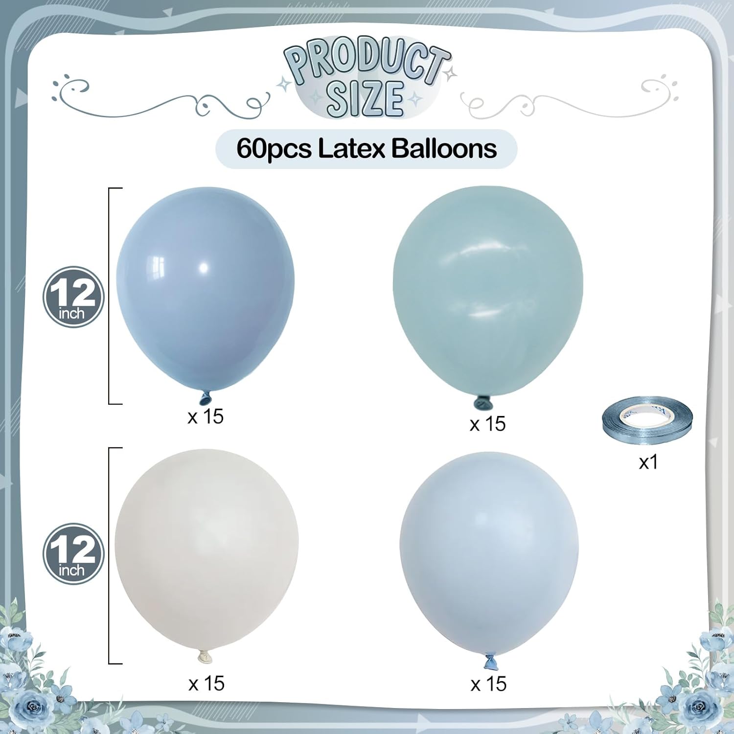 Thumbnail 1 de Dusty Blue Balloons Set — 60-Pack, 12-Inch Fog Slate & Matte White Latex Balloons for Baby Showers, Weddings, and Celebrations