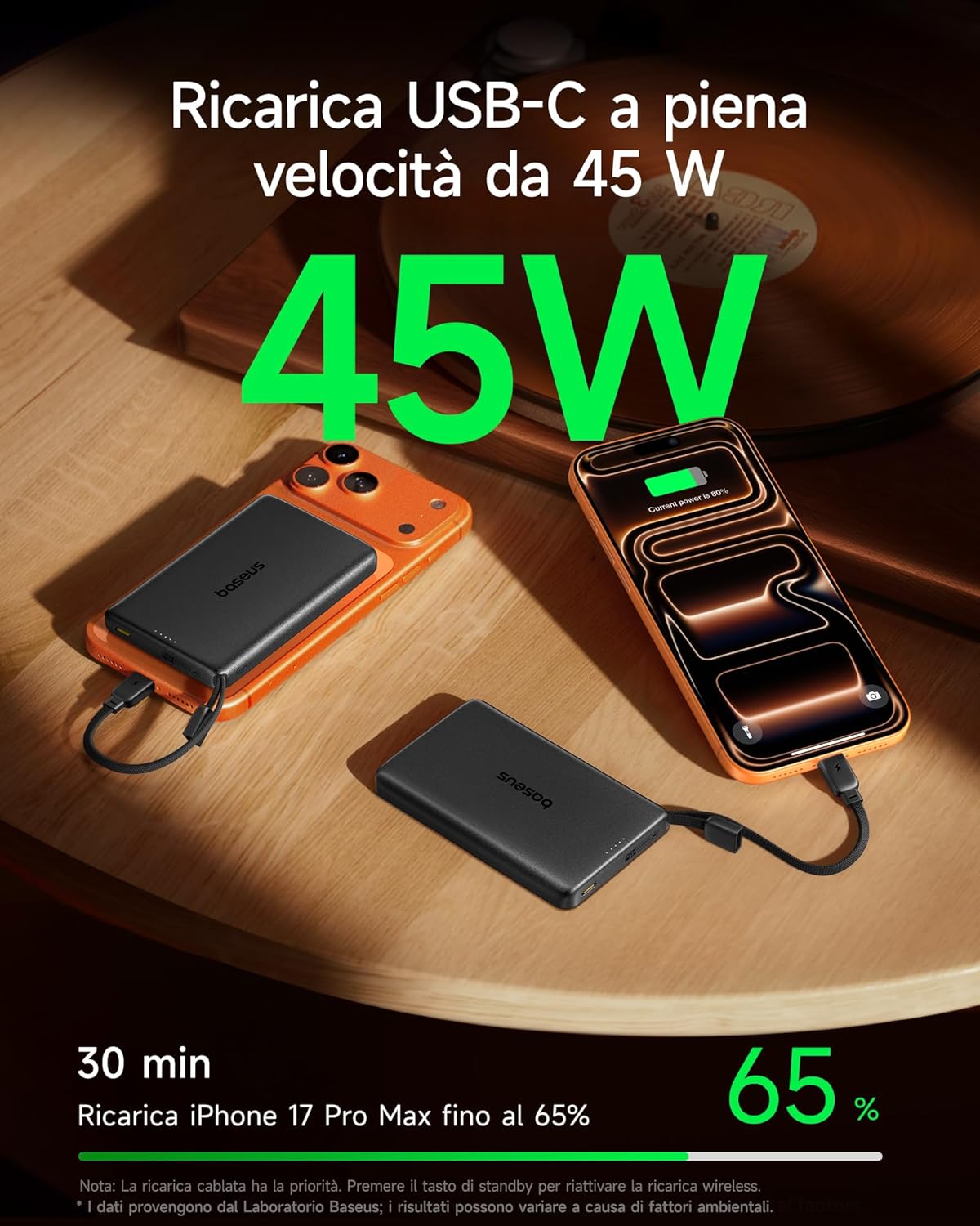 Detalle de Baseus PicoGo AM52 Power Bank: Power Bank magnetico Qi2.2 da 10000 mAh con ricarica wireless 25 W e USB-C integrato